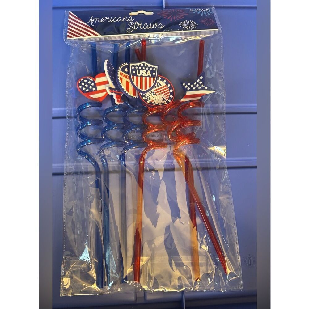 New Americana Straws Patriotic Spiral Drink Straws - Red & Blue USA Flags 6 pc